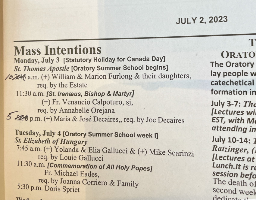 Bulletin with times scratched off and rewritten by hand